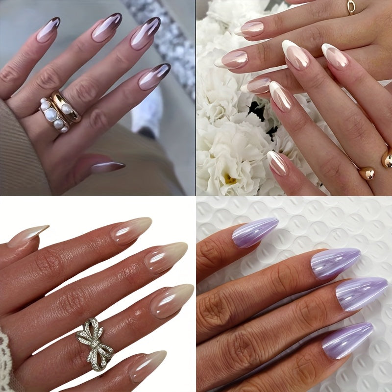 TEMU 96 4 Packs Of Press-on Nails, Cute And Gorgeous Almond Nails, Shiny Chrome Plating, Pink Glossy Gradient, Natural Full Coverage Of Nails, Dy In