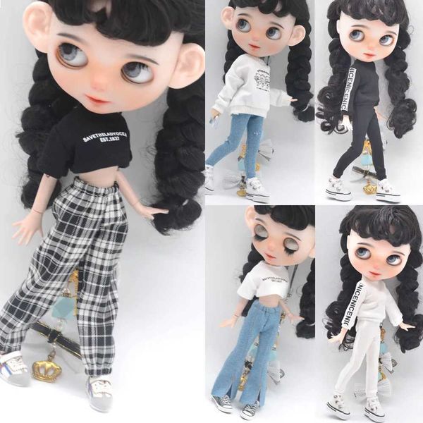Doll Apparel Dolls Bryce Clothing Azone OB22 OB24 Doll Accessories Fashion Short T Black and White Jeans Flat Pants Toy Gift WX5.27