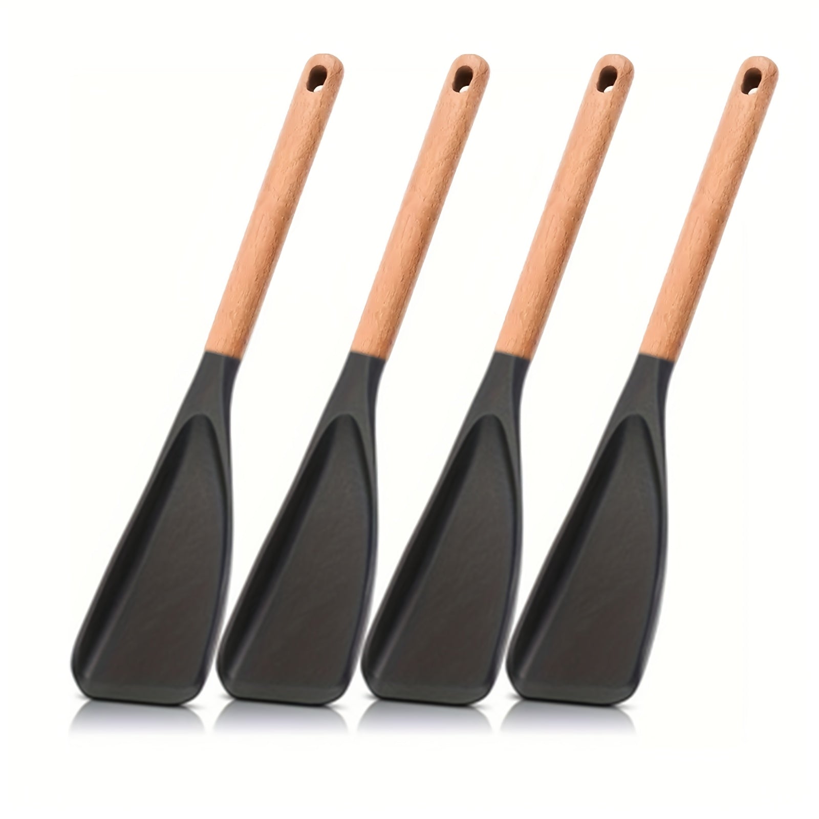 TEMU 4pcs Cooking Spoons For Nonstick Cookware 12 Inch Silicone Spoon Spatula With Wood Handle For Cooking, Serving, Mixing, Scoop, And Scrape, Black