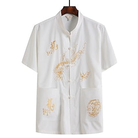 Homens Camisa Social camisa de verão Camisa casual camisa de praia Camisa Chinesa Branco Vermelho Azul Marinha Bege Cinzento Manga Curta Dragão Colarinho Manda