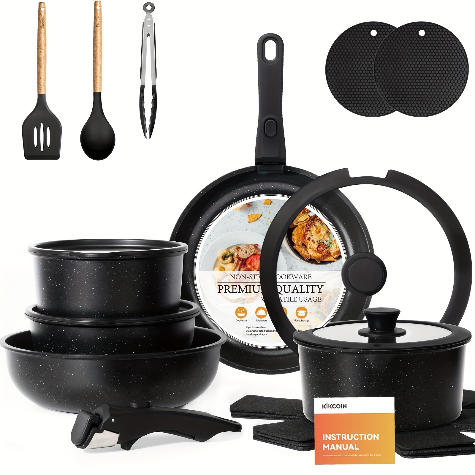 TEMU 22pcs Deluxe Cookware Set - Essentials With Removable Handles, , Dishwasher And Oven Safe, Black - Perfect For & Meal Prep.great Gift ,