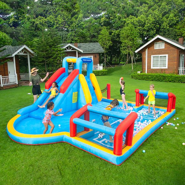 Outdoor Play House For Kids Inflatable Soccer Goal Playground Outdoor Multi Functions Water Slide Jumping Games Volleyball And Football Fiel