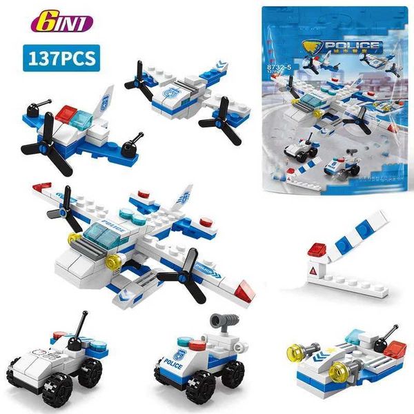 137Pcs 6 In 1 Mini Size In Police Helicopter Model Building Blocks Figures Bricks Educational Toy for Children 6+ W250115