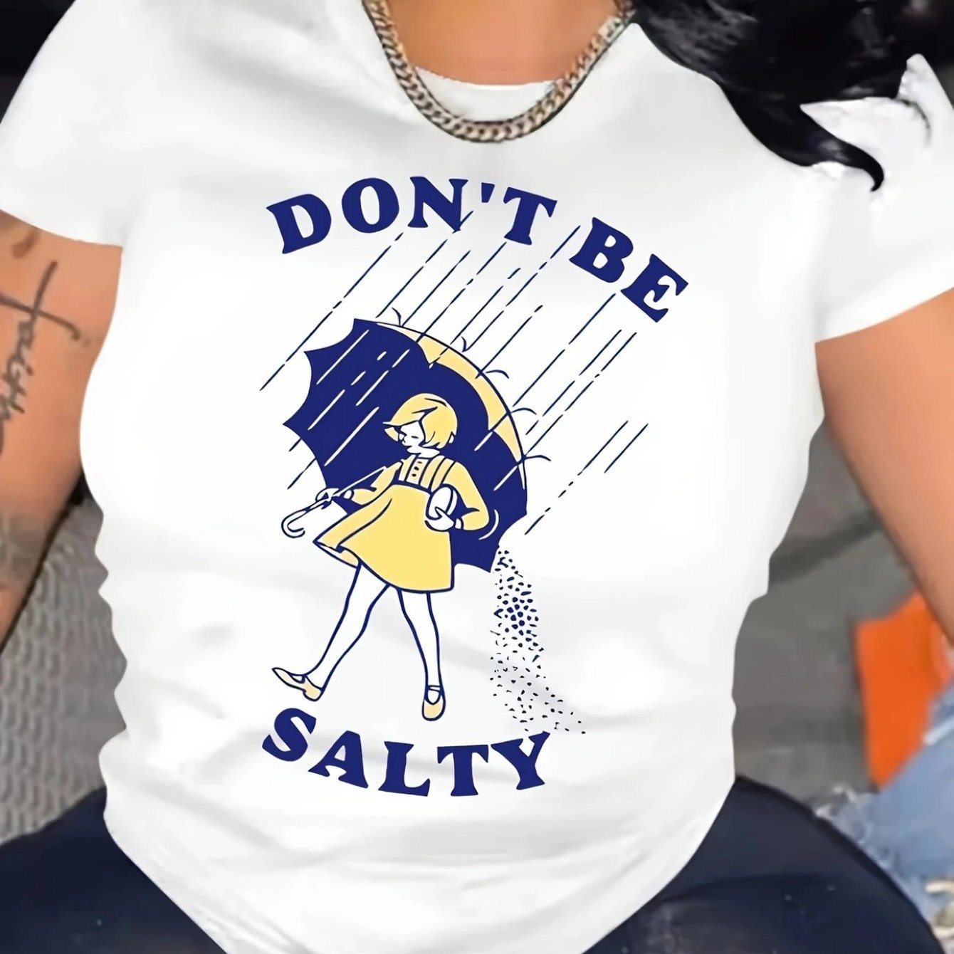 TEMU Women's "don't Be " Graphic Cotton T-shirt - Raindrop & Umbrella Print, Loose Fit Round Neck Short Sleeve Tee For Summer Parties & Casual