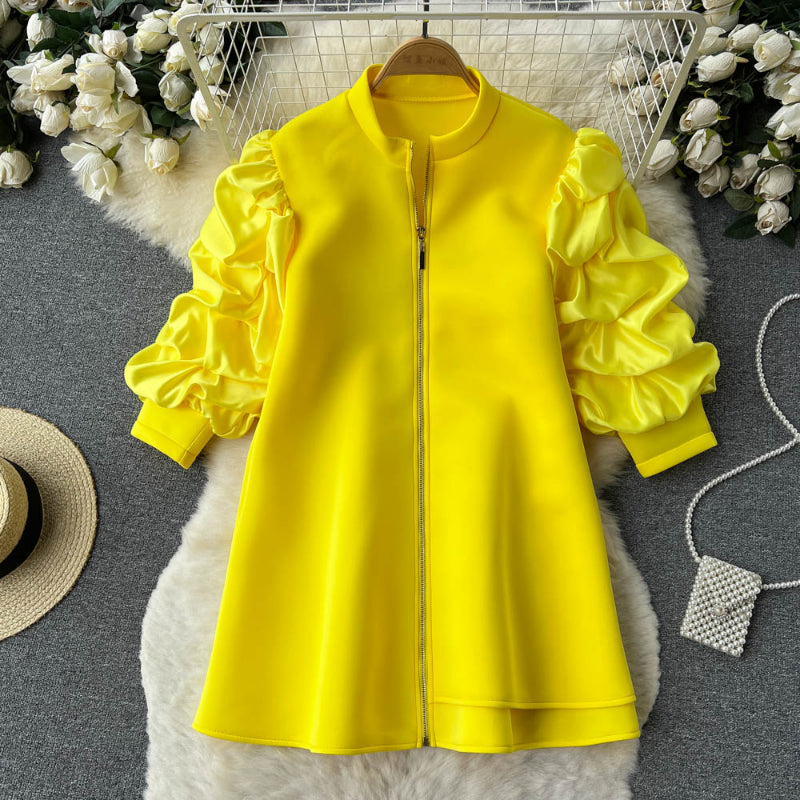 Women&#039;s Blouses Vestidos De Mujer Elegant Stand Neck Pleated Puff Long Sleeve Robe Femme Solid Color Zipper Loose Casual Dresses 2024
