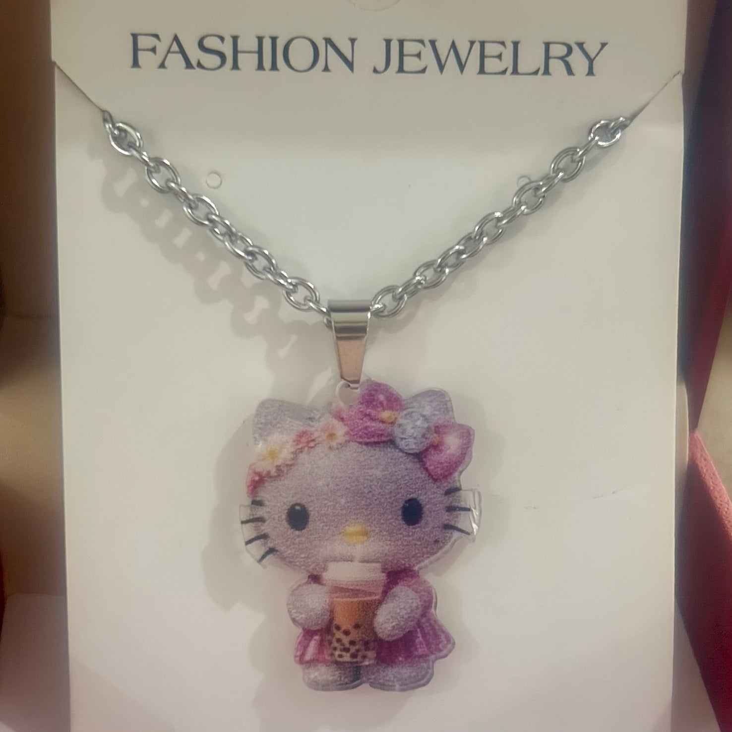 TEMU 2d Flat, 1pc, Cute Hello Kitty Drinking Milk Tea Acrylic New Women's Necklace, Fashion Sweater Chain Pendant, Ideal Birthday Party Gift, 2d Flat