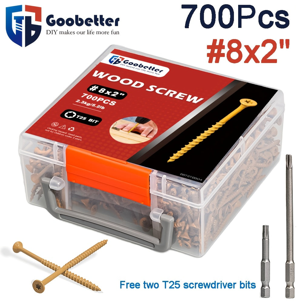 TEMU 700pcs #8*2" Wood Screws - T5 , Woodworking Tools, Epoxy Coated Bronze, , Heavy Duty Rust Proof Outdoor Furniture And Deck Construction, Yellow