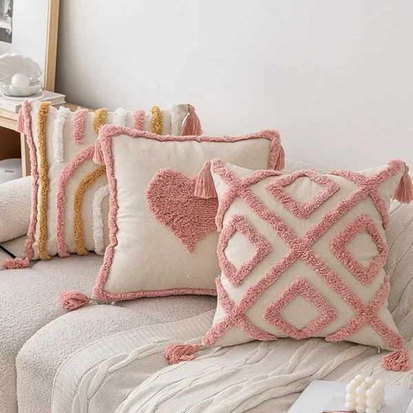 Pink plush soft cushion cover 45X45cm Nordic cotton canvas geometric plush embroidered pillowcase home sofa decorative pad X241022
