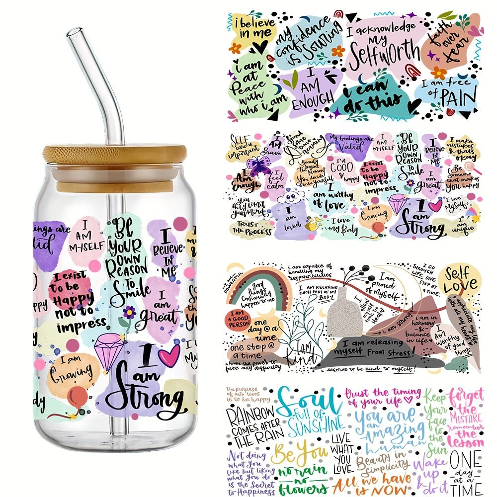 TEMU 4-pack Self 3d Crystal Decals, 11x24cm, Uv Dtf Waterproof Transfer Paper For 16oz Glass Cups, Scratch-resistant Diy Mug & Water Bottle Wraps,