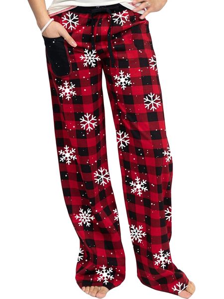 Cozy Womens Plaid Snowflake Christmas Pama Pants with Pockets Drawstring Lounge Sleepwear Bottoms