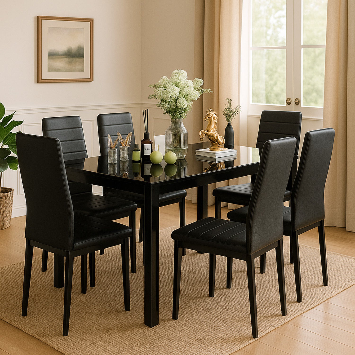 TEMU 7-piece Modern Glass Dining Table Set For 6 – Pu Leather Chairs, Tempered Glass Top For Kitchen, Dining Room Or Apartment