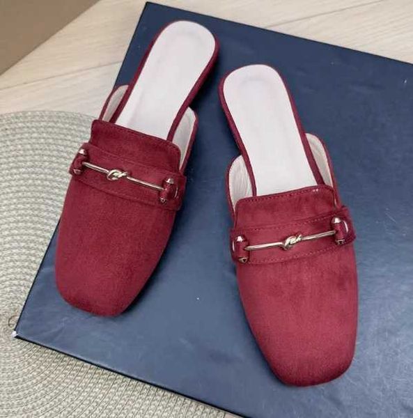 Slippers Women Pull On Half Sandals Square Toe Luxury Designer High Quality Shoes Flock Summer Flat Slides With Metal Decorative 33 34 48 J2