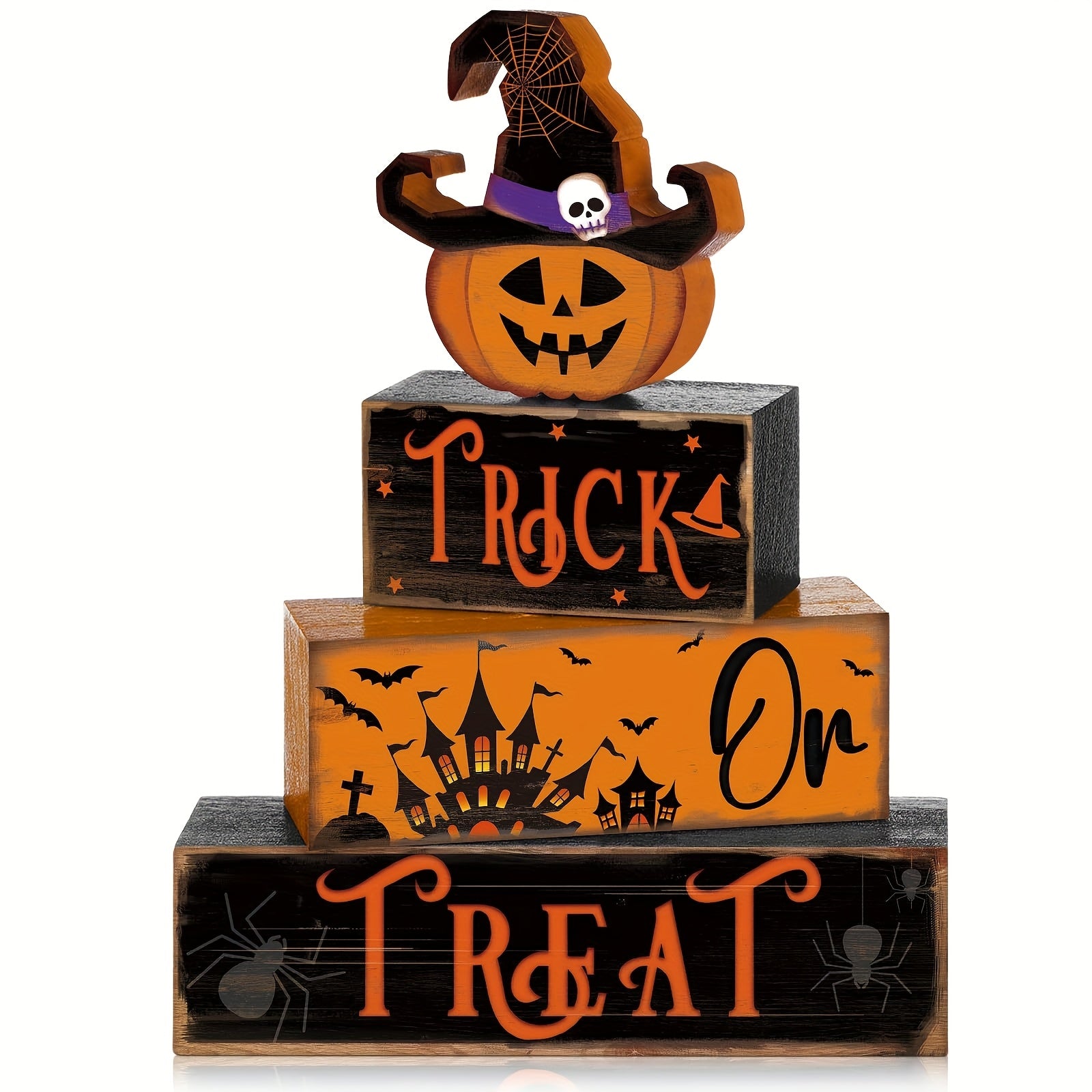 TEMU 4pcs Halloween Decorative Tiered Tray Decor Set Thick Wooden Ornaments, Trick Or Treat Hat Logo, Halloween Festive Atmosphere Wooden Signs