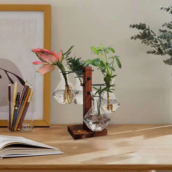Propagation Station Home Plant Terrarium Kit Modern Air Planter With Wooden Stand Bulb Beaker Glass Vase R250206