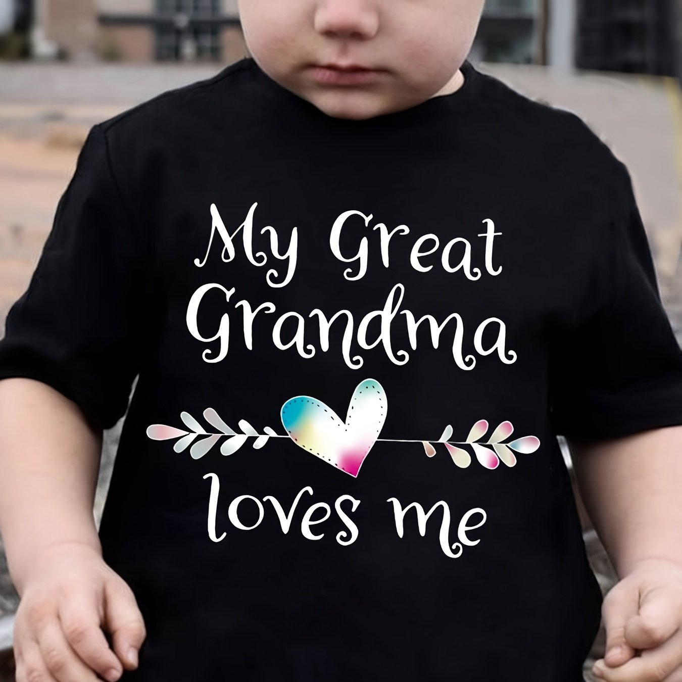 TEMU [casual Fit] Boys' " Grandma " Cotton T-shirt - Black With Colorful Heart & Leaf Design, Casual Crew Neck, Summer Wear, Machine Washable