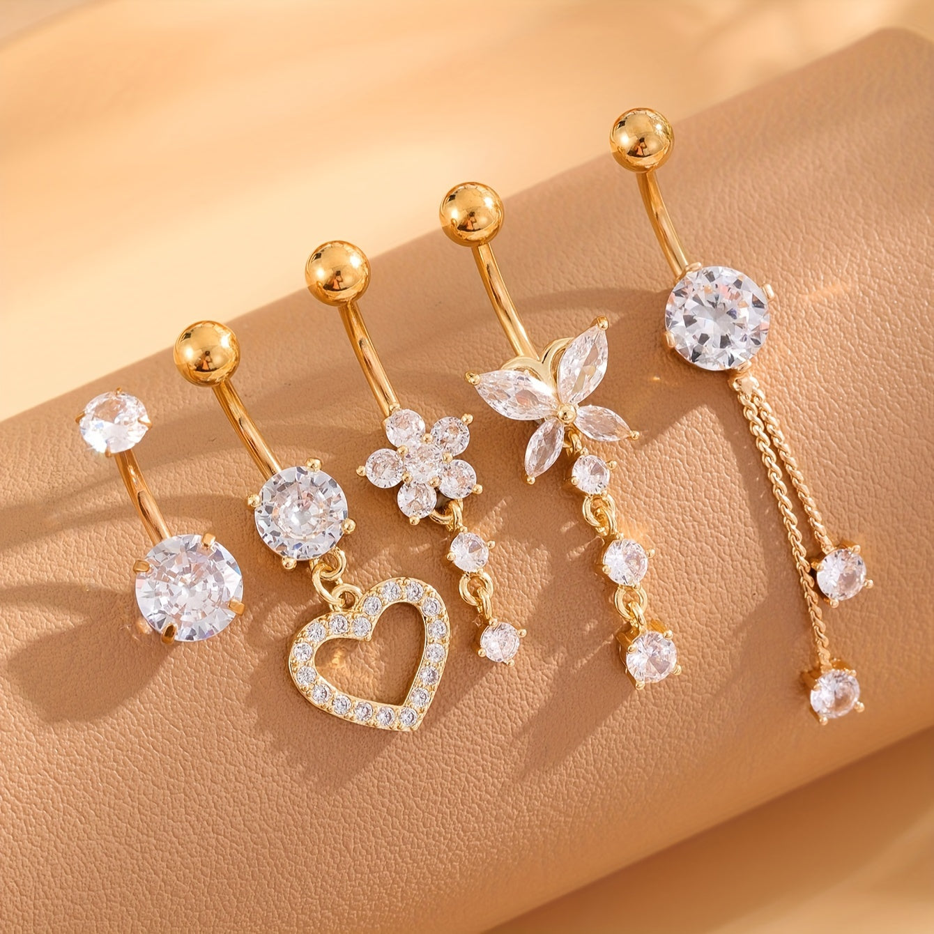 TEMU 5pcs Classic Stainless Steel Piercing Earrings Set With , Heart, And Floral Pendants, Synthetic Zirconia , Golden-tone Belly Jewelry For Daily