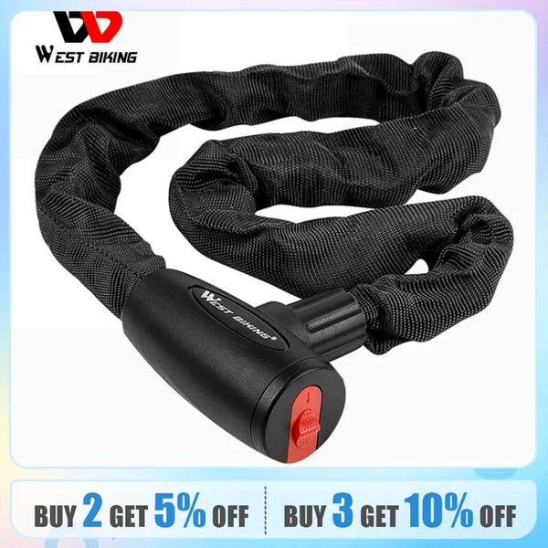WEST BIKING Bicycle Anti Theft Chain Lock Hard Steel Alloy Durable Bold Lock For MTB Bike Motorcycle Scooter Cycling Accessories 240418