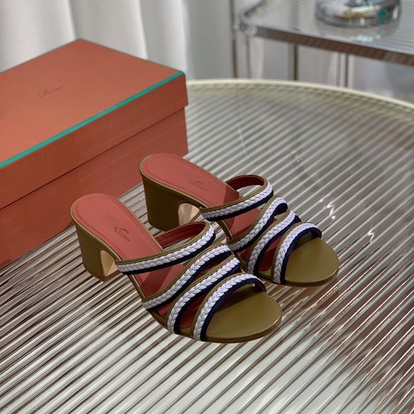 Top qulity Sprightly Charms Slides Slippers Mules heels 5.5cm slip on sandals Woven&#039;s luxury designer Leather sole fashion Casual sand