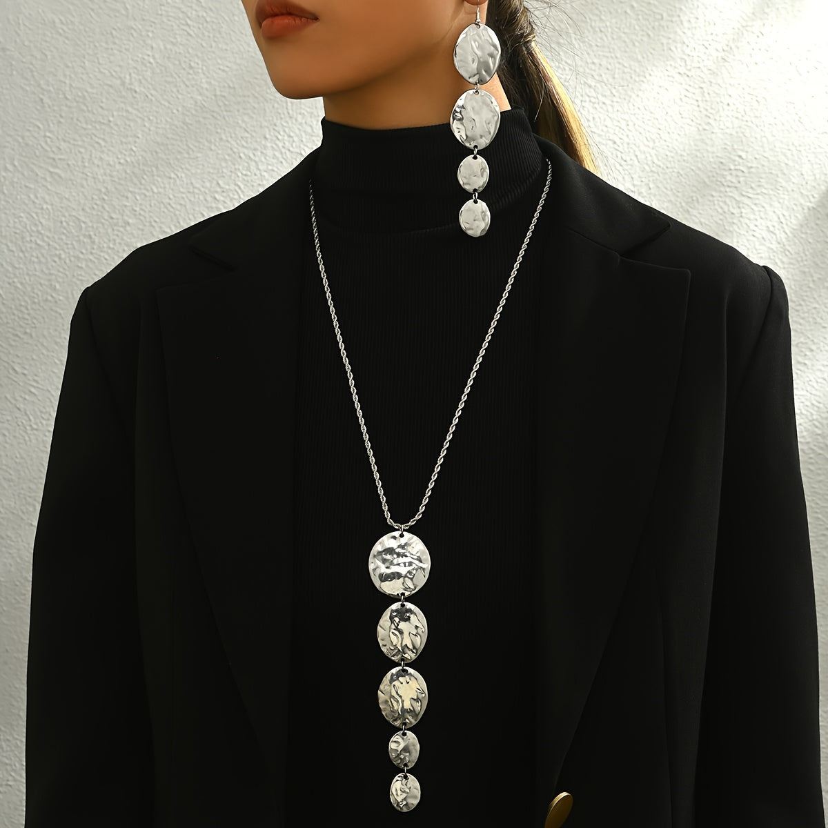 TEMU Lxalry 3pcs Set Elegant Silver Plated Alloy Necklace And Earrings, Geometric Circle Pendant, Long Y-shape Chain For Daily And Party Occasions,