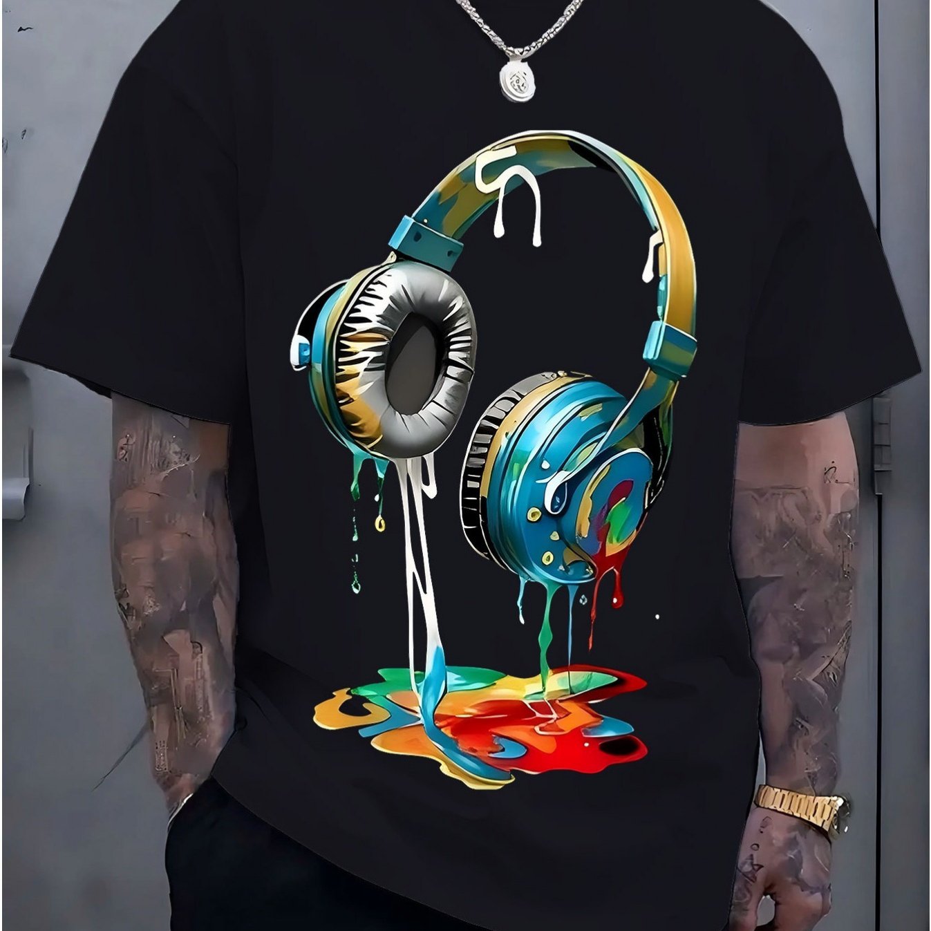 TEMU Men's Navy T-shirt With Vibrant Headphone Graphic Print – Style, Short Sleeve, Round Neck, Machine Washable, 100% Cotton, Summer Fashion And