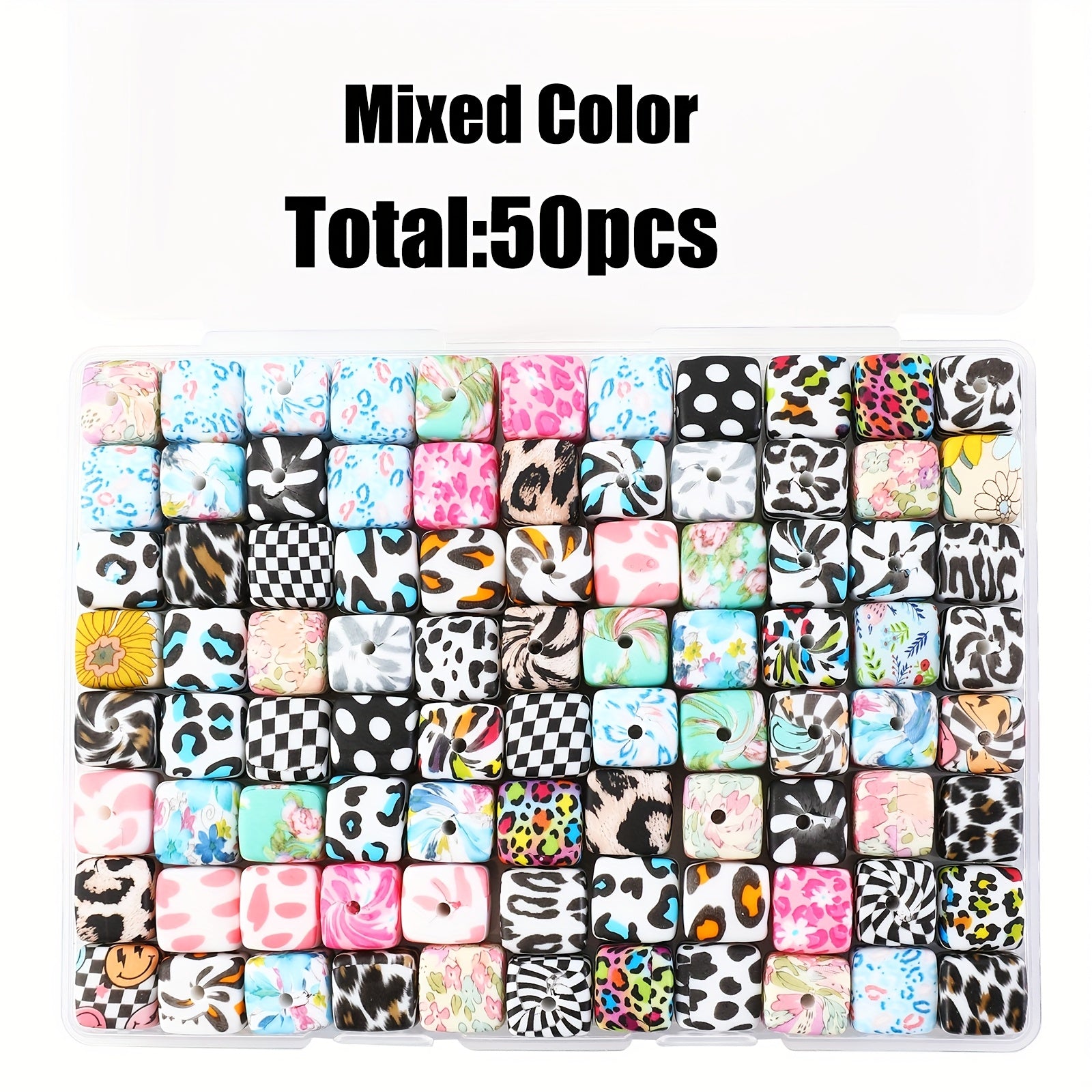 TEMU 50pcs Random Style 14mm Water Transfer Printed Square Silicone Set (no Specific Required, Dispatched) Fashion Jewelry Making, Bracelets And