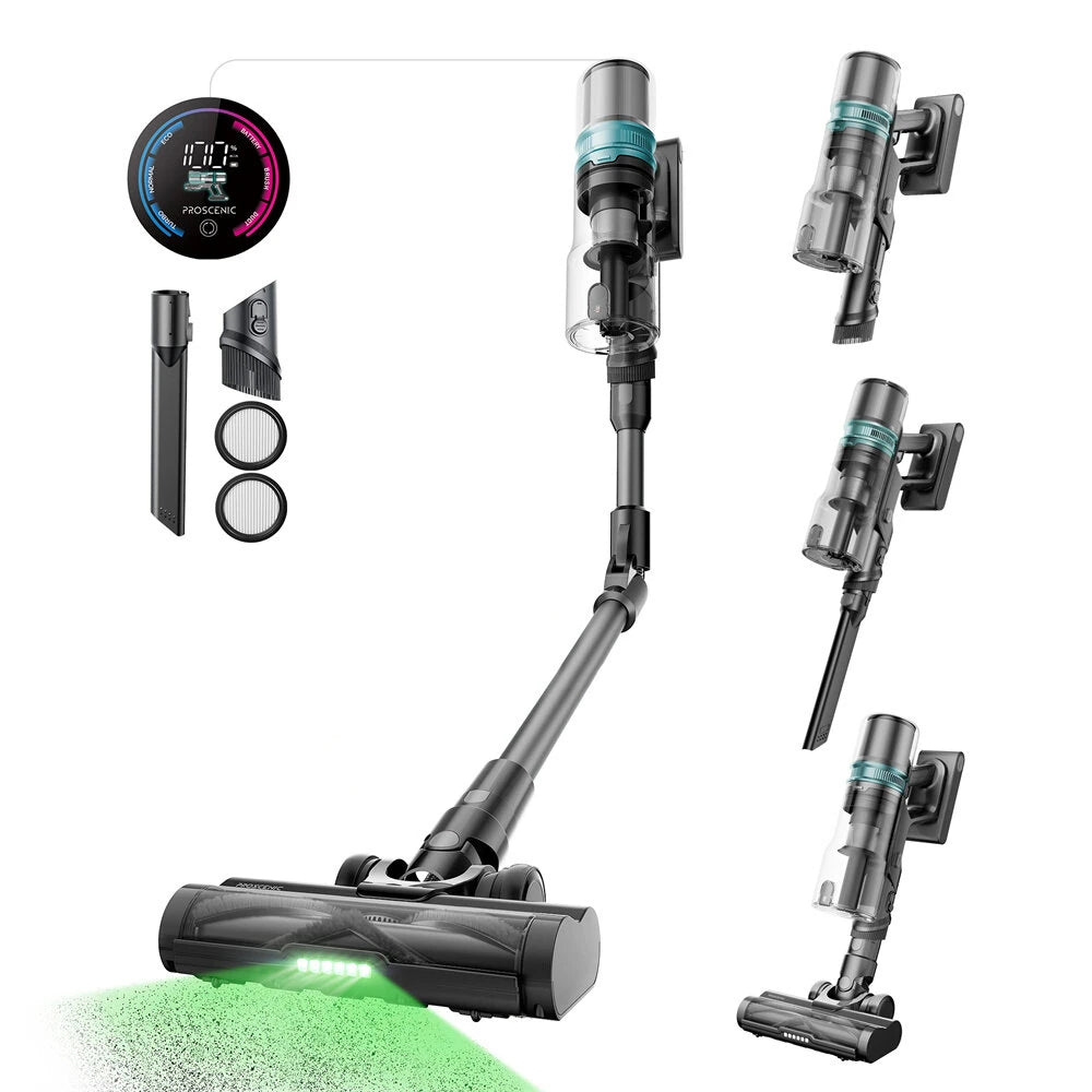 [EU Direct]Proscenic P16 Cordless Stick Vacuum Cleaner, 50Kpa 55Mins Runtime, 180°Bendable Wand, Green LED Headlight, Di