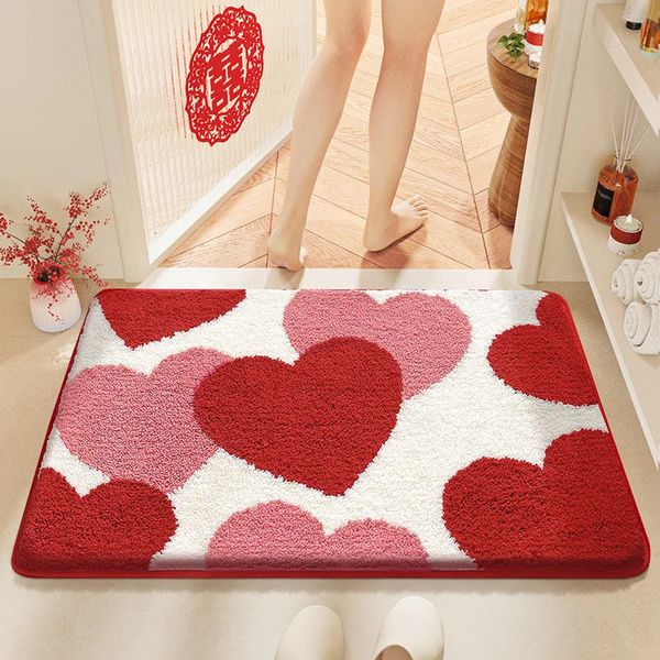 Love Heart Girls Bedroom Rug Wedding Decor Floor Mat Soft Tufting Red Festive Carpet Anti-slip Hallway Bathroom Doormat 241209