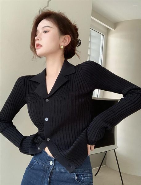 Womens Fashion Popular Sweaters 2024 Autumn Retro Design Feeling Pullover for Versatile Slim Fit Solid Color Polo Collar Long Sleeve Top
