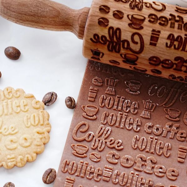 Coffee Beans Pattern Rolling Pins Coffee Cup Pot Wooden Rolling Embossing Baking Cookies Biscuit Fondant Cake Patterned Roller 240729