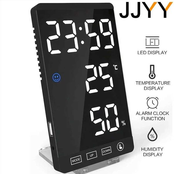 6-inch mirror LED alarm clock touch button digital temperature and humidity display clock USB port output clock Y250111