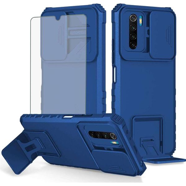 Case for Xiaomi Redmi Note 8 with Tempered Glass Screen Protector and Slide Camera Cover Kickstand Stand Slim Protective Mobile Hard Hybrid