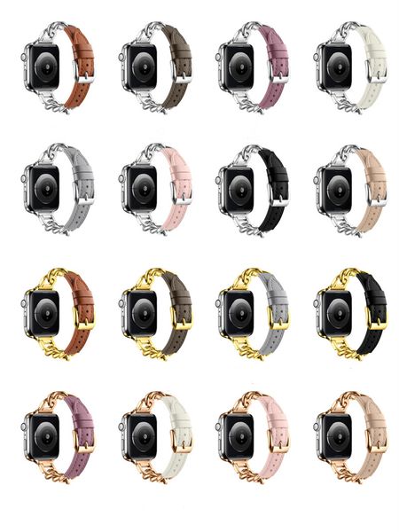 Metal Chain Leather Smartwatch Bands for Apple Watch Band 38mm 40mm 41mm 42mm 44mm 45mm 49mm Women Genuine Leather Watch Strap for iWatch Ul