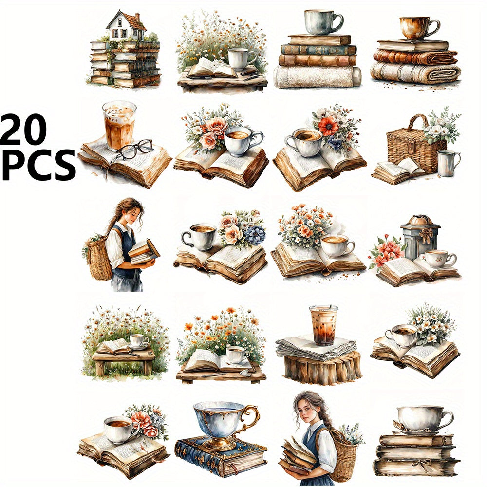 TEMU 20pcs Vintage Watercolor Book & Coffee Themed Stickers Pack – Aesthetic Diy Decals For Scrapbooking, Laptops, Journals, And Home Decor – With