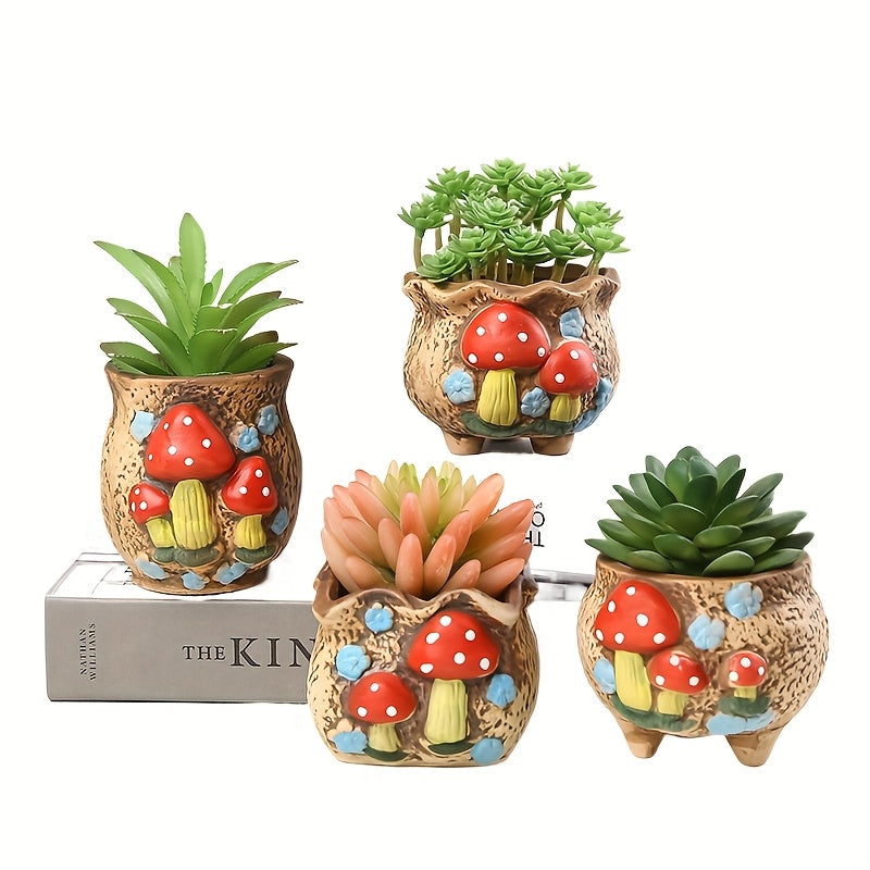 TEMU 4pcs Mushroom-shaped Ceramic Succulent Flower Pots - Whimsical Rustic Decor With , Lightweight Indoor-outdoor Planters For Succulents, Herbs,