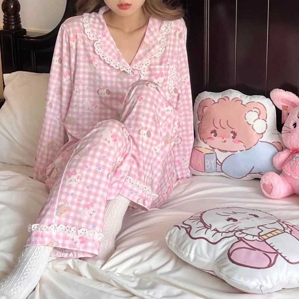 Korean Lace Pajamas Women Spring Sleepwear Lace Plaid Pyjamas Cute Cartoon Long Sleeve Nightdress Loose Comfortable Home WearC241213