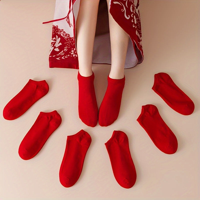 TEMU 6 Pairs Women's Festive Lunar New Year Red Socks - Solid Color Short Ankle Socks, Machine Washable & Dry , Comfortable For Celebrations & Casual