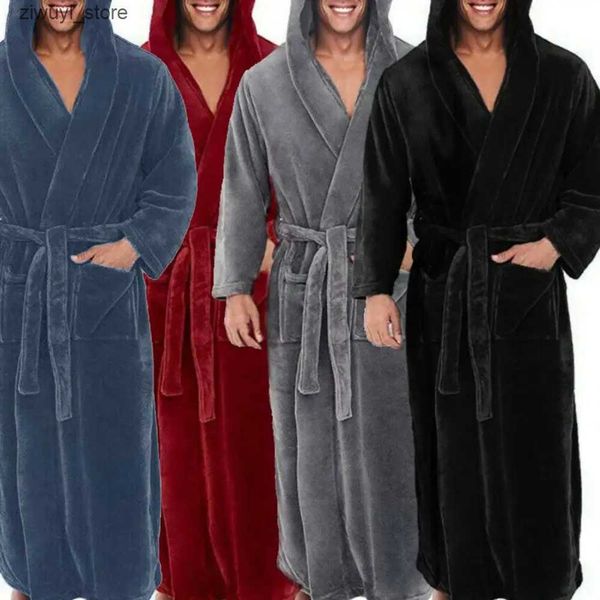 home clothing Men Robe Soft Coral Fleece Solid Color Long Bath Robe Home Gown Sleepwear L240910