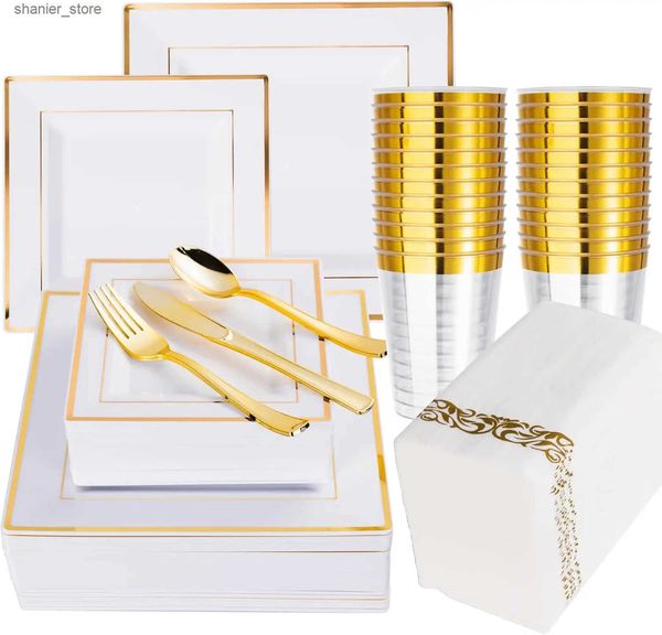 Disposable Dinnerware 50 Guest Gold Dinnerware Set 100 White Square Plastic Plates with Gold Rim 50 Gold Plastic forks 50 Spoons Knives and