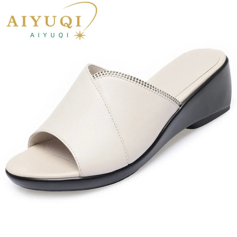 AIYUQI Women Slippers Sandals Genuine Leather Summer New Open-toe Women Shoes Slippers Big size Mom Wedge Women Slides