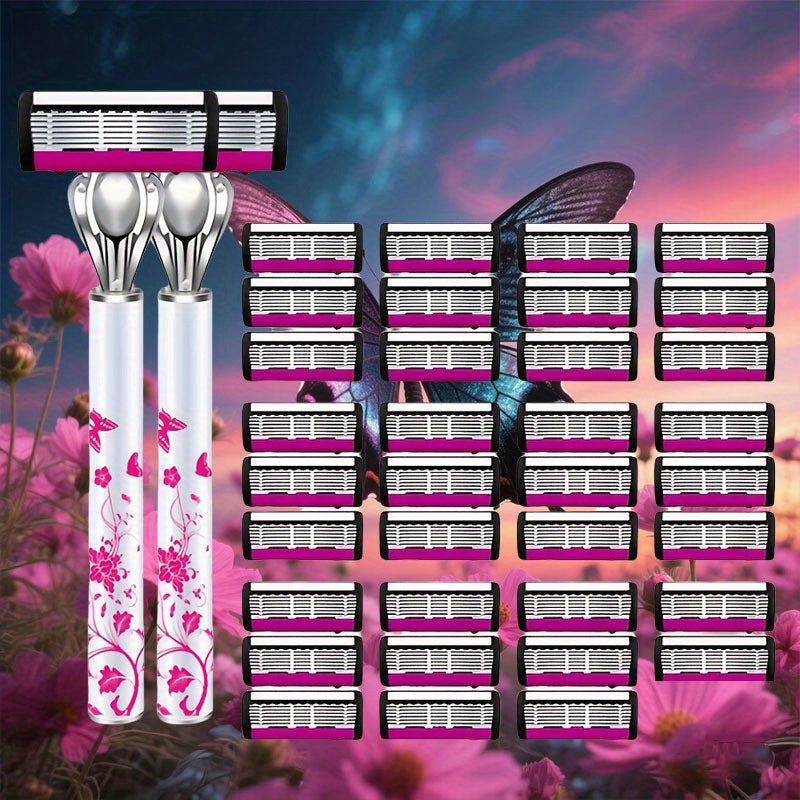 TEMU 2 Handles+35 Blades, Huateng Series, Men's And Women's Razors, Beard - Smooth And Leg And Armpit Shaving | Stainless Steel Manual Hair Remover |