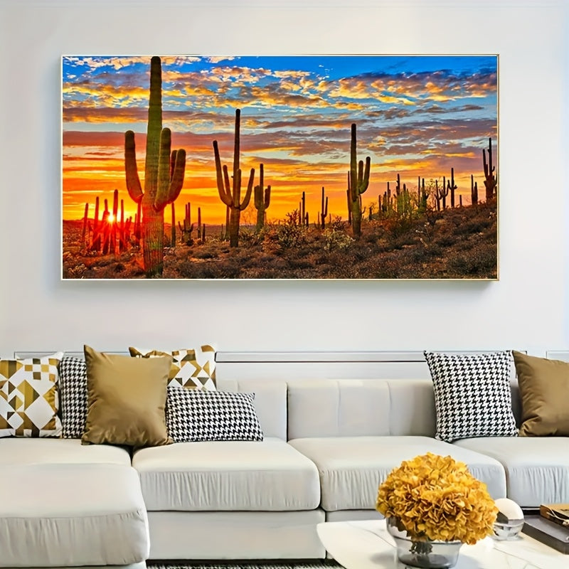 TEMU 1pc 5d Diamond Painting Kits, Sunset Cactus Diamond Painting Kit | Crystal Art | Desert Landscape For Office, Living Room & Bedroom Wall Decor |