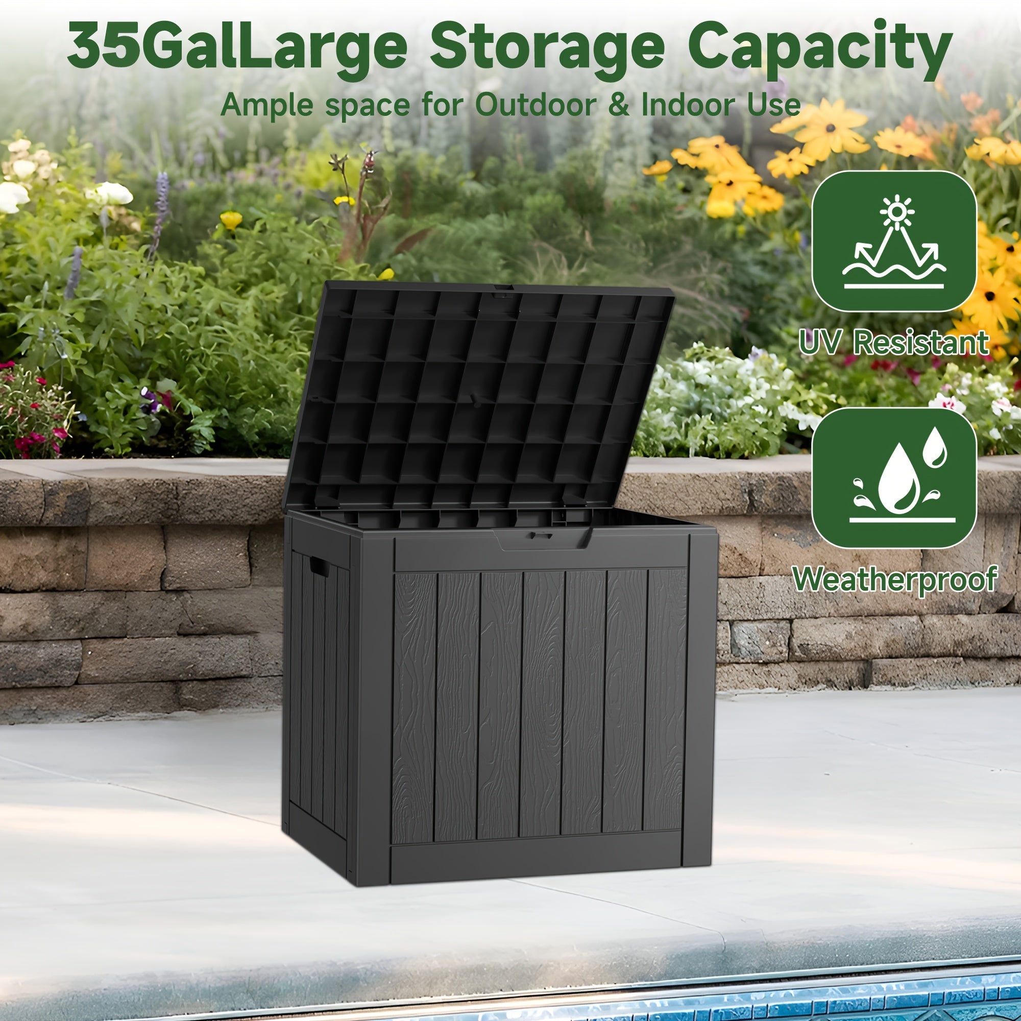 TEMU 35gallon Large Outdoor Storage Deck Box, Uv & Water-, Weatherproof Resin Organizer With Lockable Lid Forfurniture,garden Tools, And Toy Storage