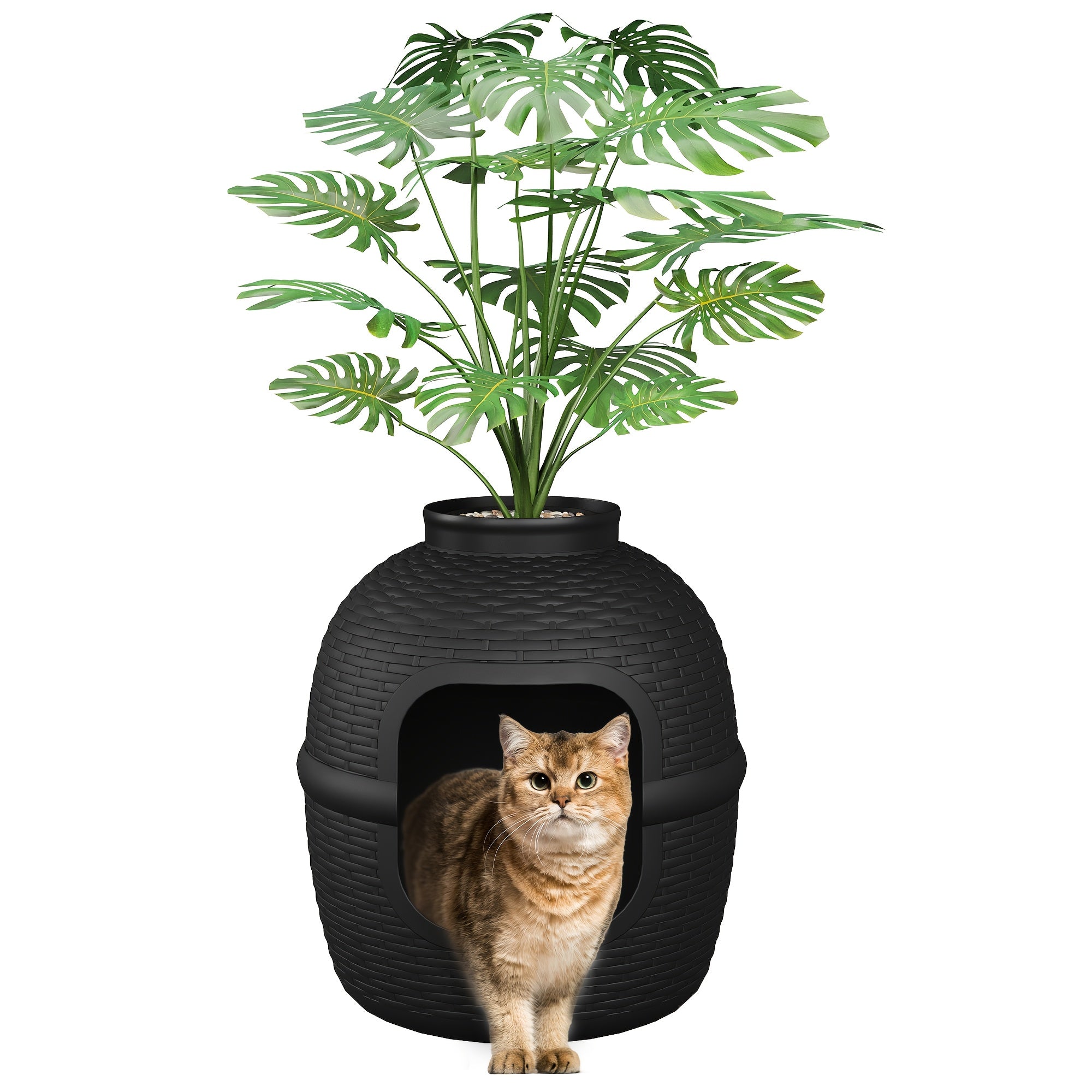 TEMU Hidden Litter Box With Plant, Cat Litter Box Furniture With Rattan Pattern For Large Cat, Carbon Filter, Pp Material Waterproof, Easy Assemble &