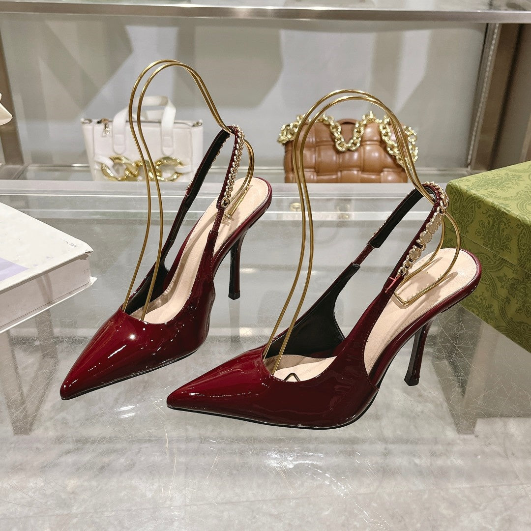 Elegant Signoria Designer Sandals Patent Leather Slingback Wine-red Black Women Shoes Summer High Heels Party Wedding Pointed Toe Lady Pumps eur35-4