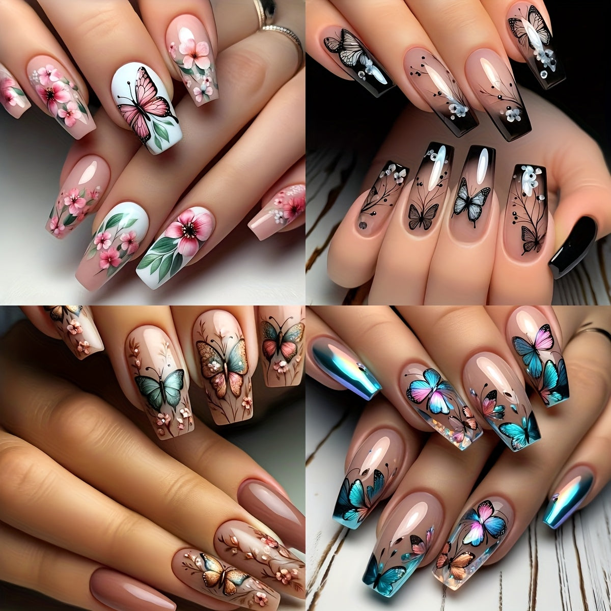 TEMU 96pcs Elegant & Floral Press-on Nails - Glossy Finish, Women' Use & Special Occasions, Includes Gel Polish & Nail File, Festive Nail Art |