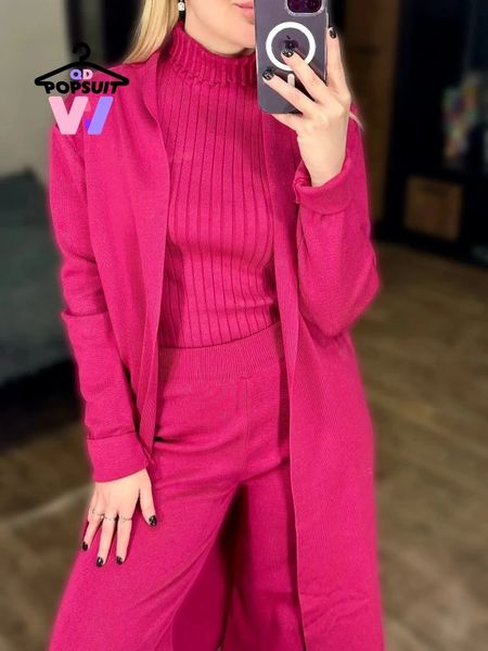 Spring Autumn Knitted suit for women 3 pieces outfit set High Neck Vest Cardigan Coat Pants Temperament sets Women Clothing 240701