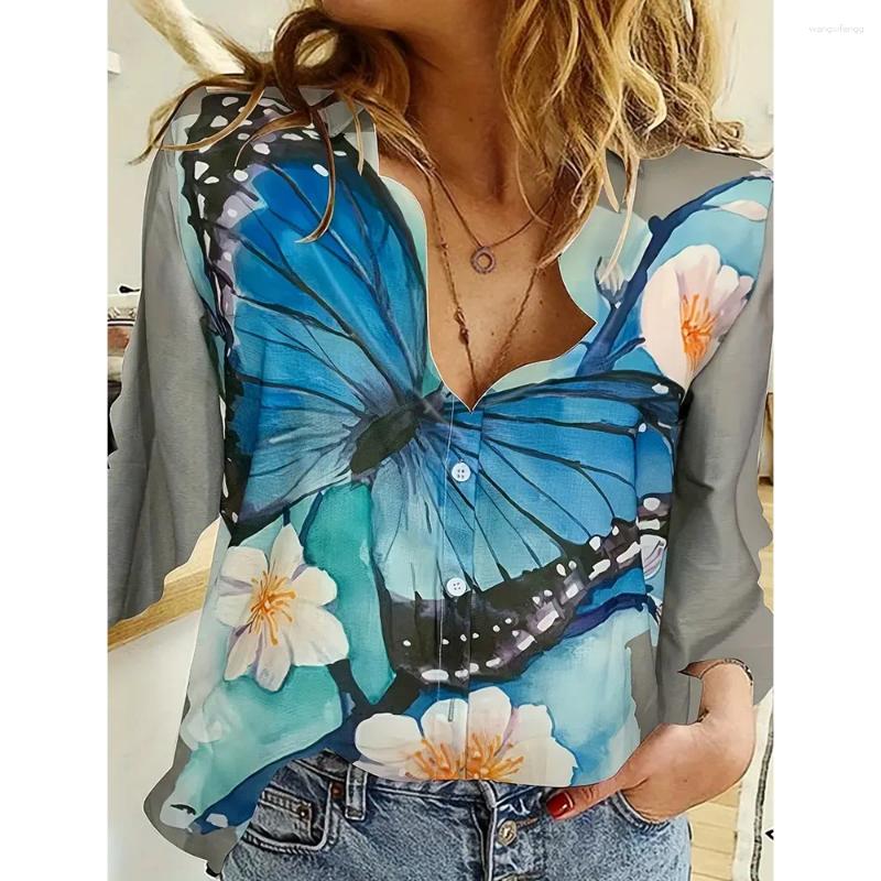 Women&#039;s Blouses Elegant Long Sleeve Shirts Spring And Autumn Basic 3d Butterfly Print Single-Breasted Tops Plus Size