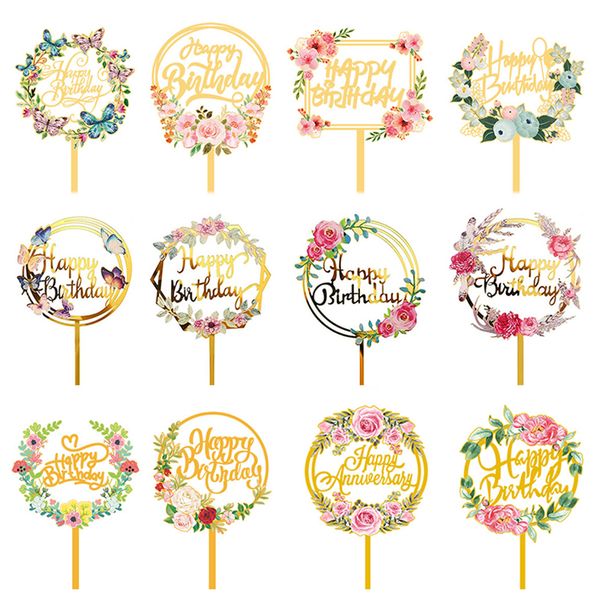 Cake Decoration Topper Card Floral Acrylic Cupcake Toppers Happy Birthday Cake Flower Topper Birthday Party Bakeware Tarjeta De Adorno Para