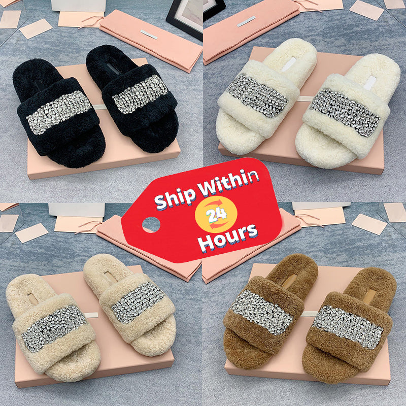 Womens Slipers Designer Sandals Fashion Crystal Logo Shearling Slides White Balck Brown Khaki Flat Slipper Luxury Ladies Classic Casual Sandal Women