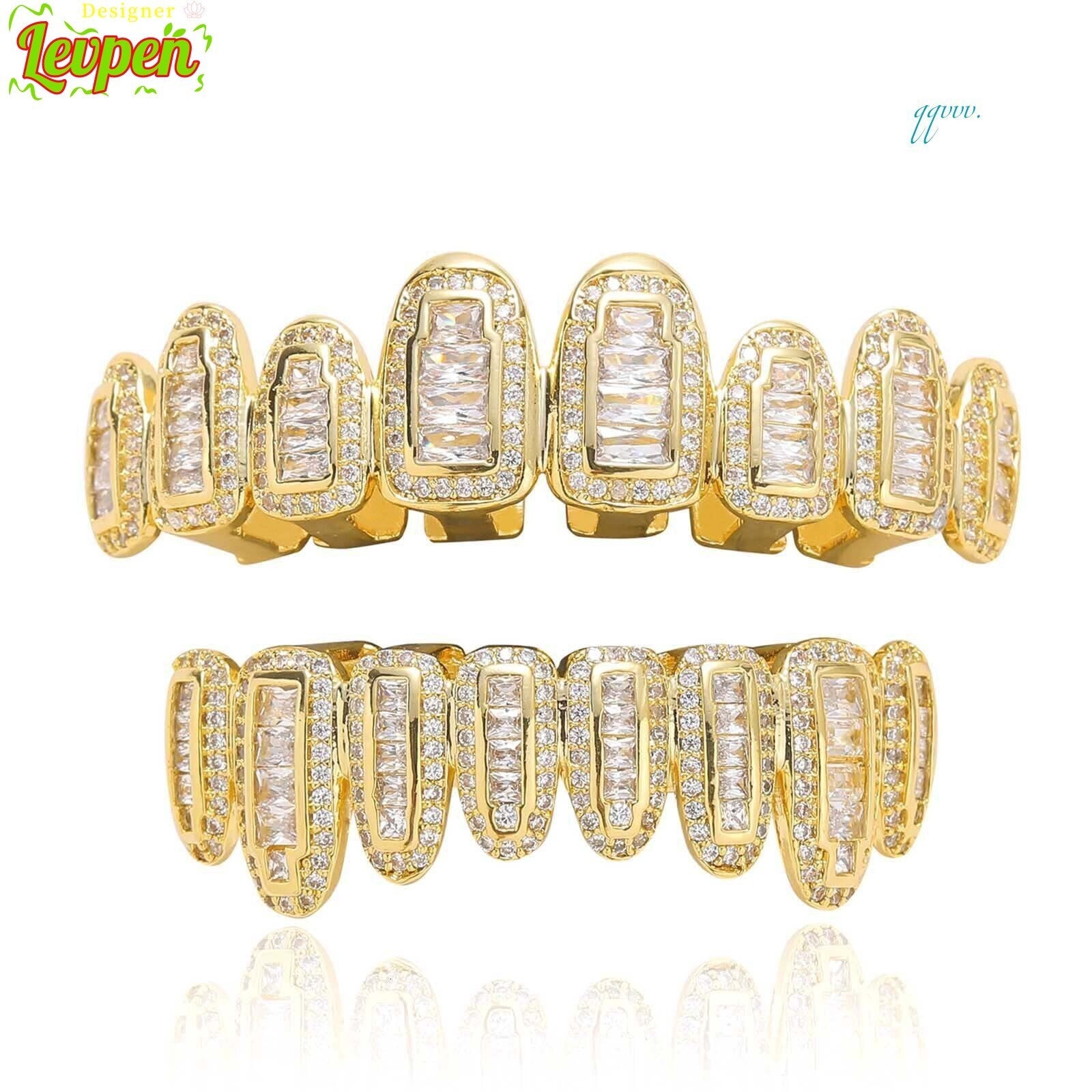 Gold Plated Iced Out 18K Diamond CZ Baguette Cubic Zircon Grillz Teeth Halloween Rapper Jewelry Dental Grills Body Jewelry TypeOACOCA
